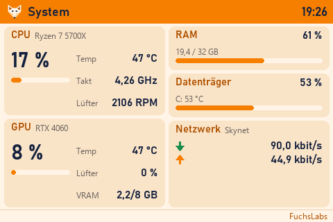 Systemseite: CPU, GPU, RAM, Datenträger und Netzwerk