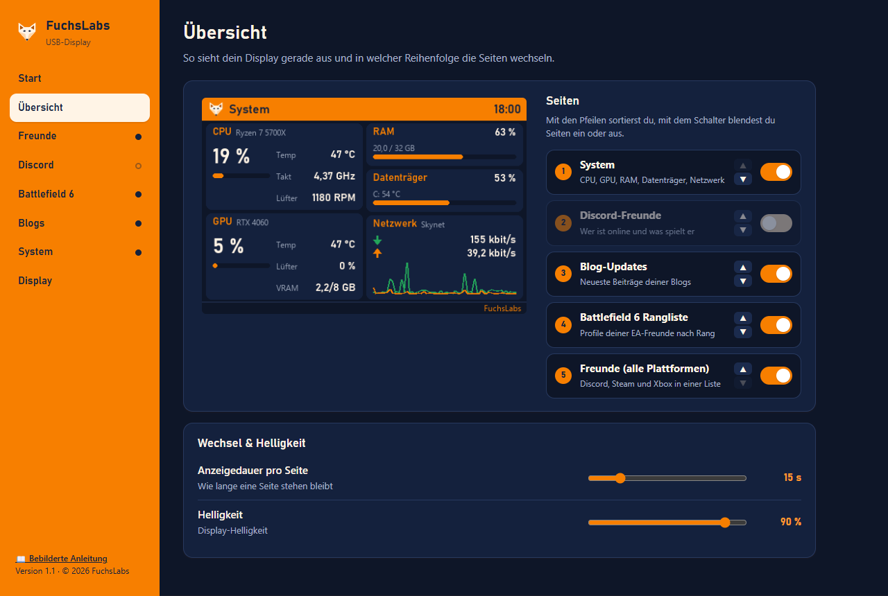 Einstellungsfenster der App mit Live-Vorschau und Seitenreihenfolge